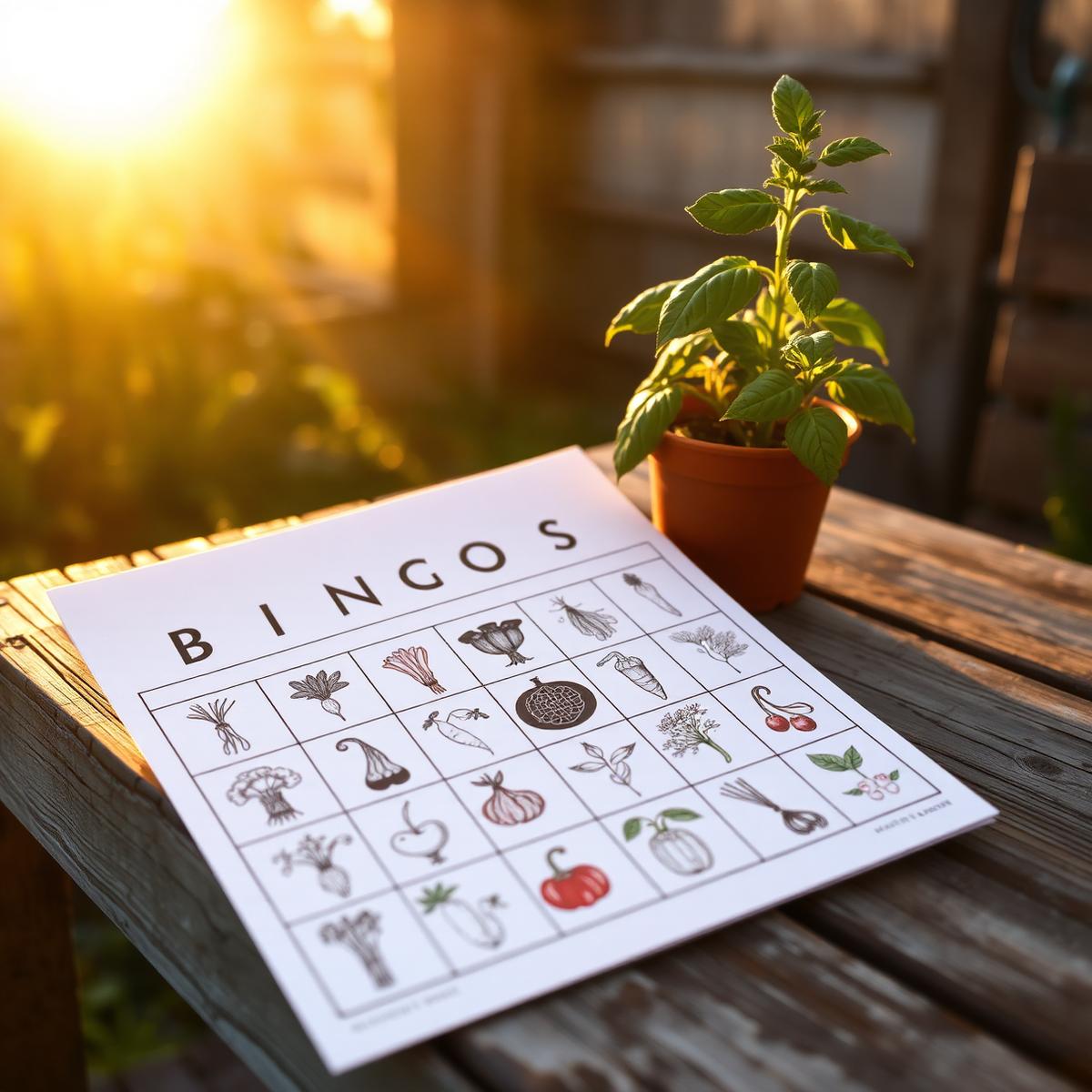 Plant bingo card on a wooden garden table
