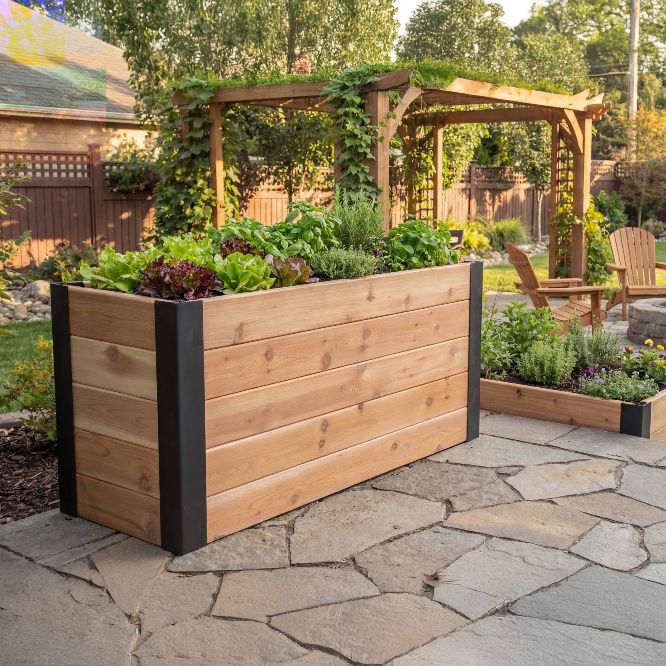 A tall cedar patio planter full of lettuces and herbs on a flagstone patio