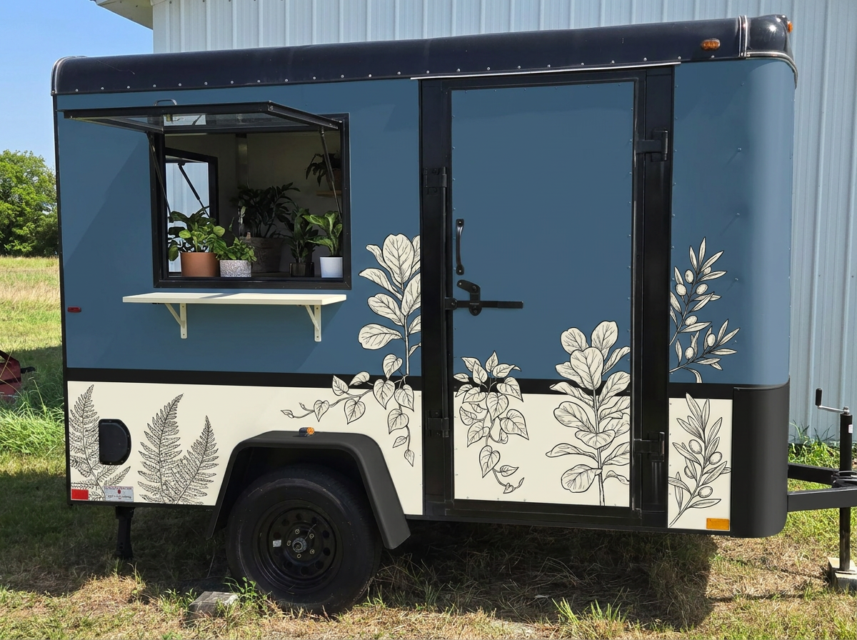 Navy and cream plant trailer with botanical line-art