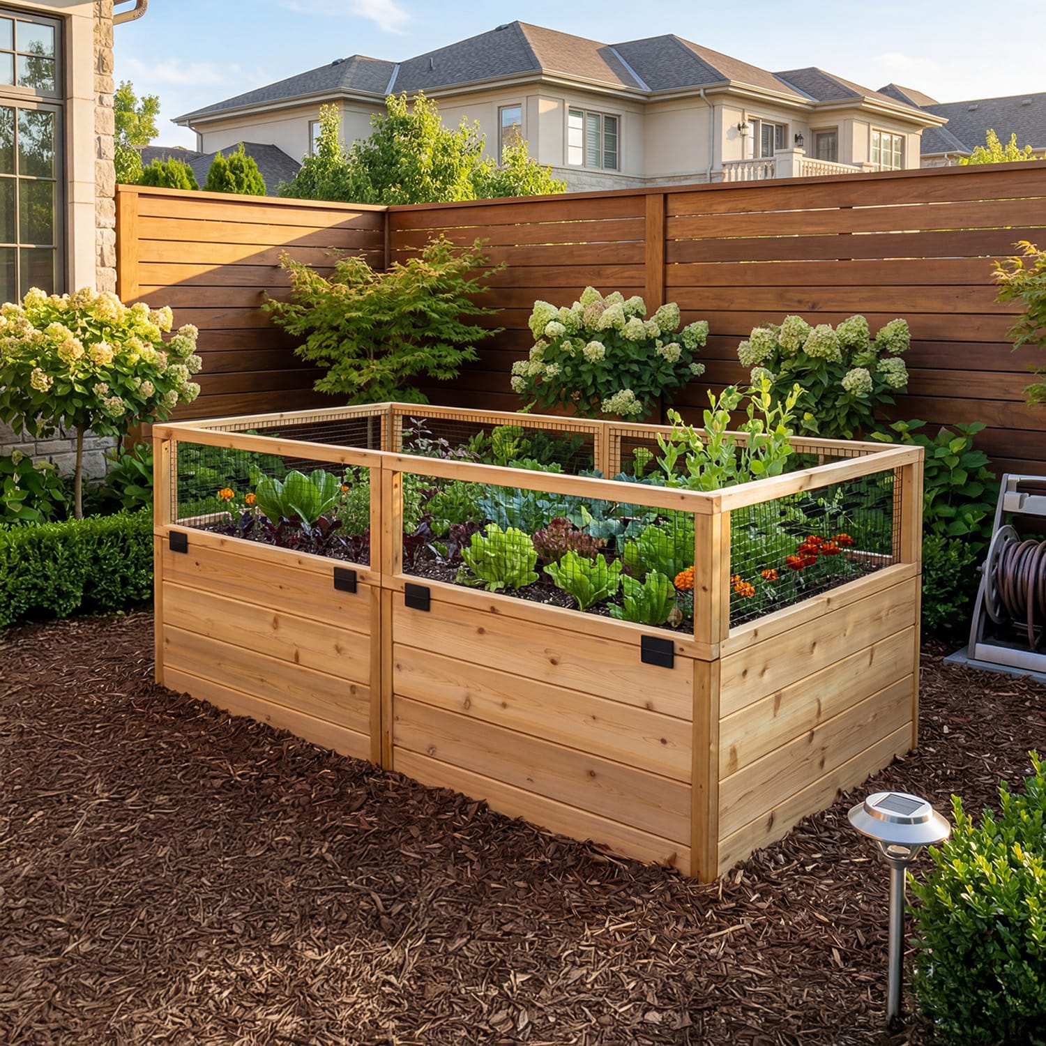 A 6 by 3 foot cedar raised garden bed planted with greens